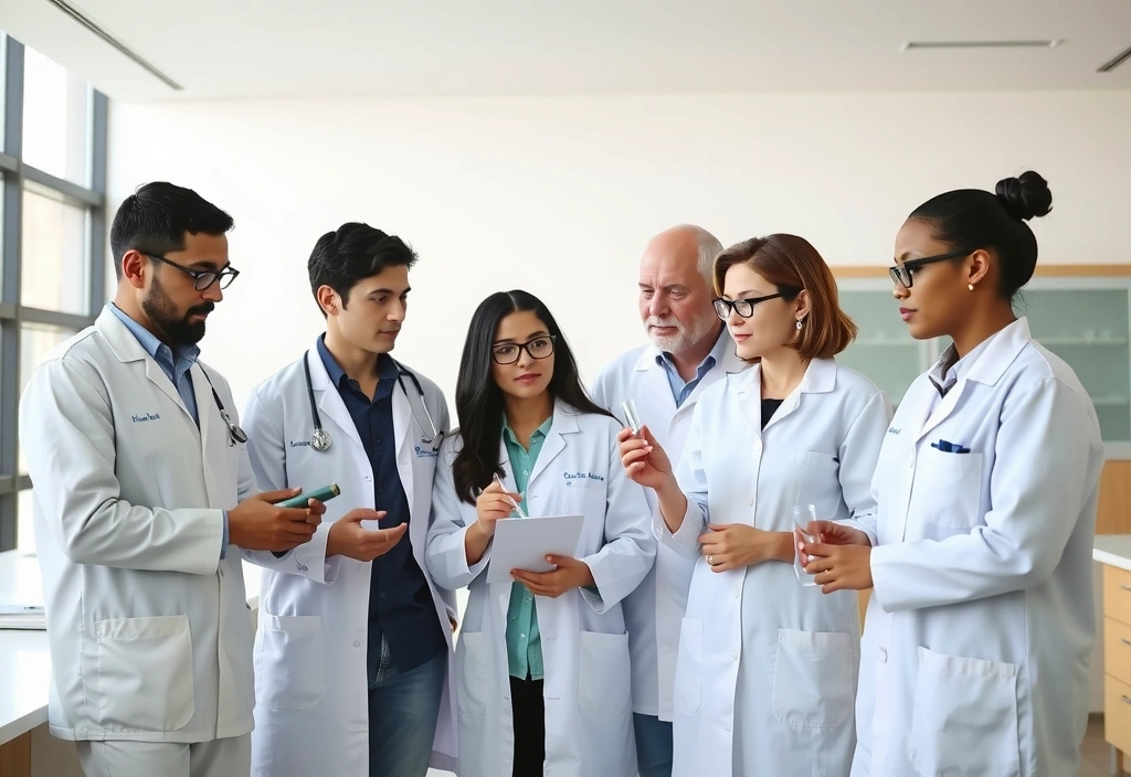 A diverse team of scientists and health professionals collaborating in a modern, bright laboratory.