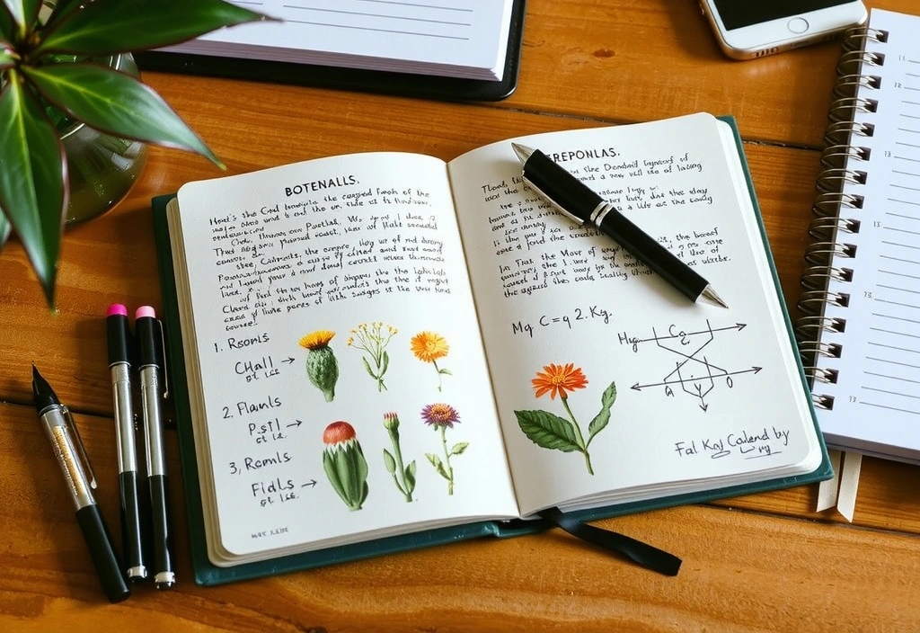An open science notebook with botanical sketches and handwritten notes, symbolizing research.