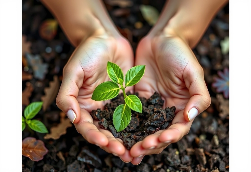 Two hands gently holding a small, thriving plant sprout in rich soil, symbolizing sustainability.