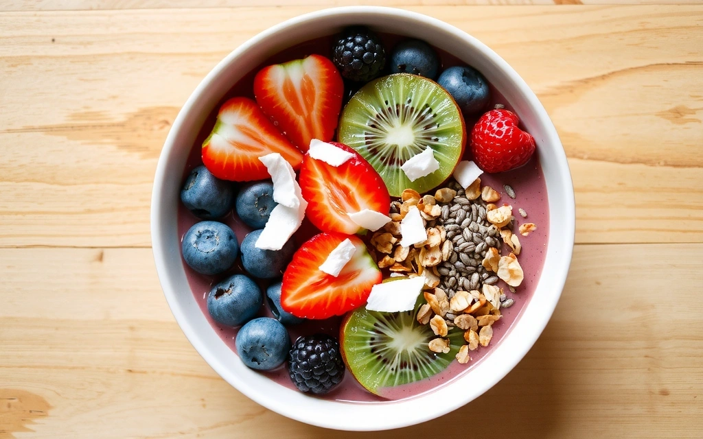 A vibrant smoothie bowl filled with colorful fruits, seeds, and nuts, representing healthy eating.