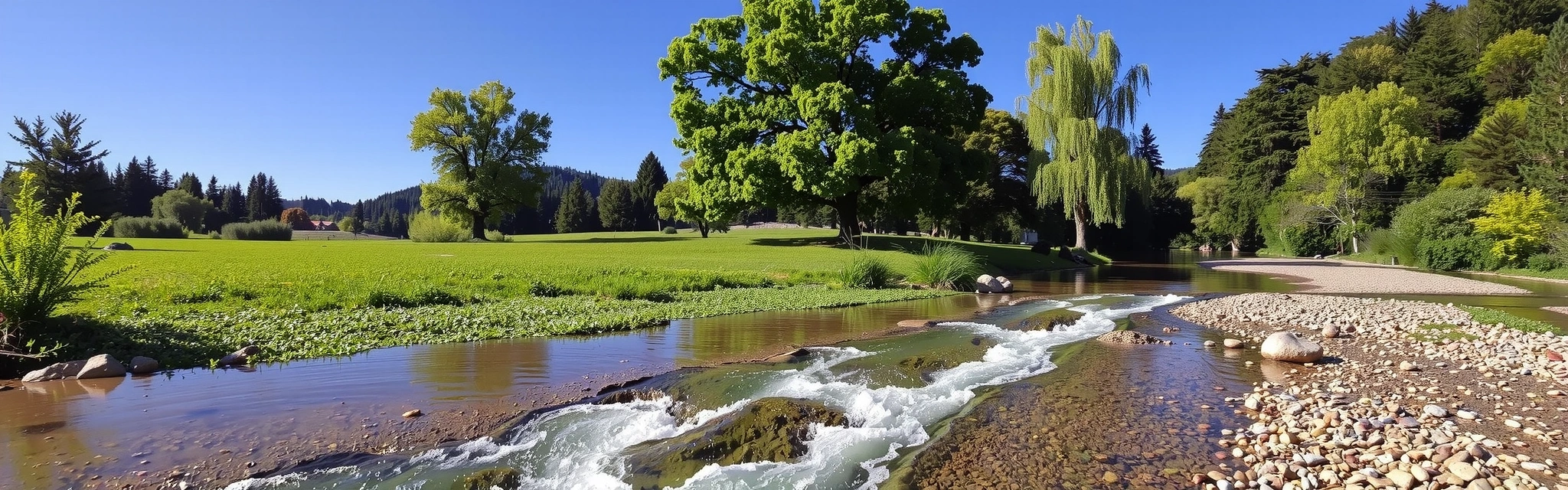 A serene landscape with lush greenery, clear blue sky, and a gentle stream, symbolizing health and natural beauty.