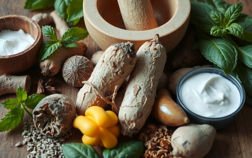 A collection of natural herbs and ingredients used in traditional remedies, symbolizing holistic health.