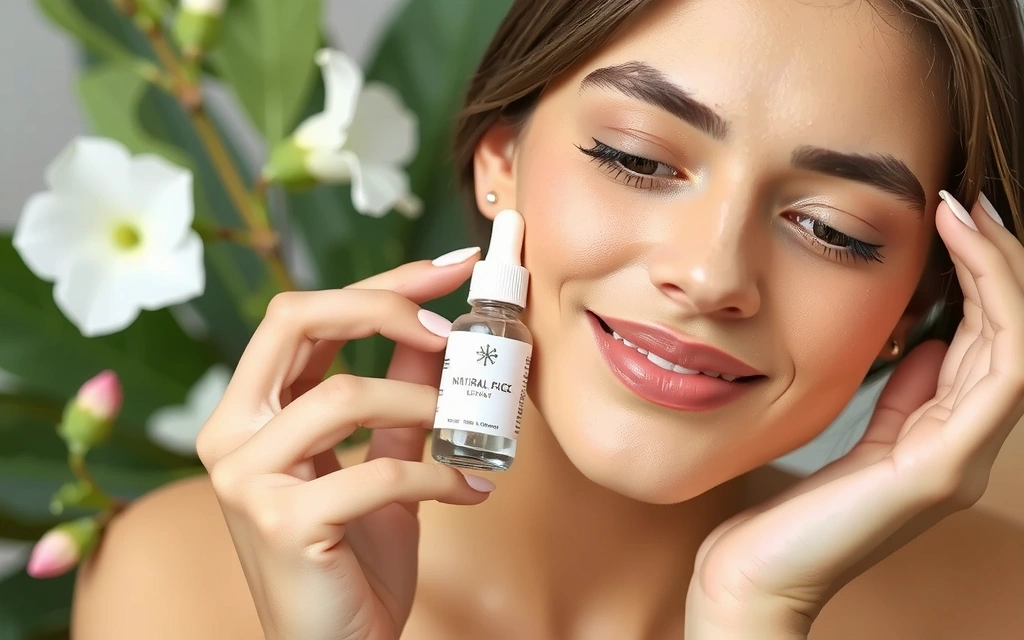 A woman with glowing skin applying a natural face serum, surrounded by botanical elements.