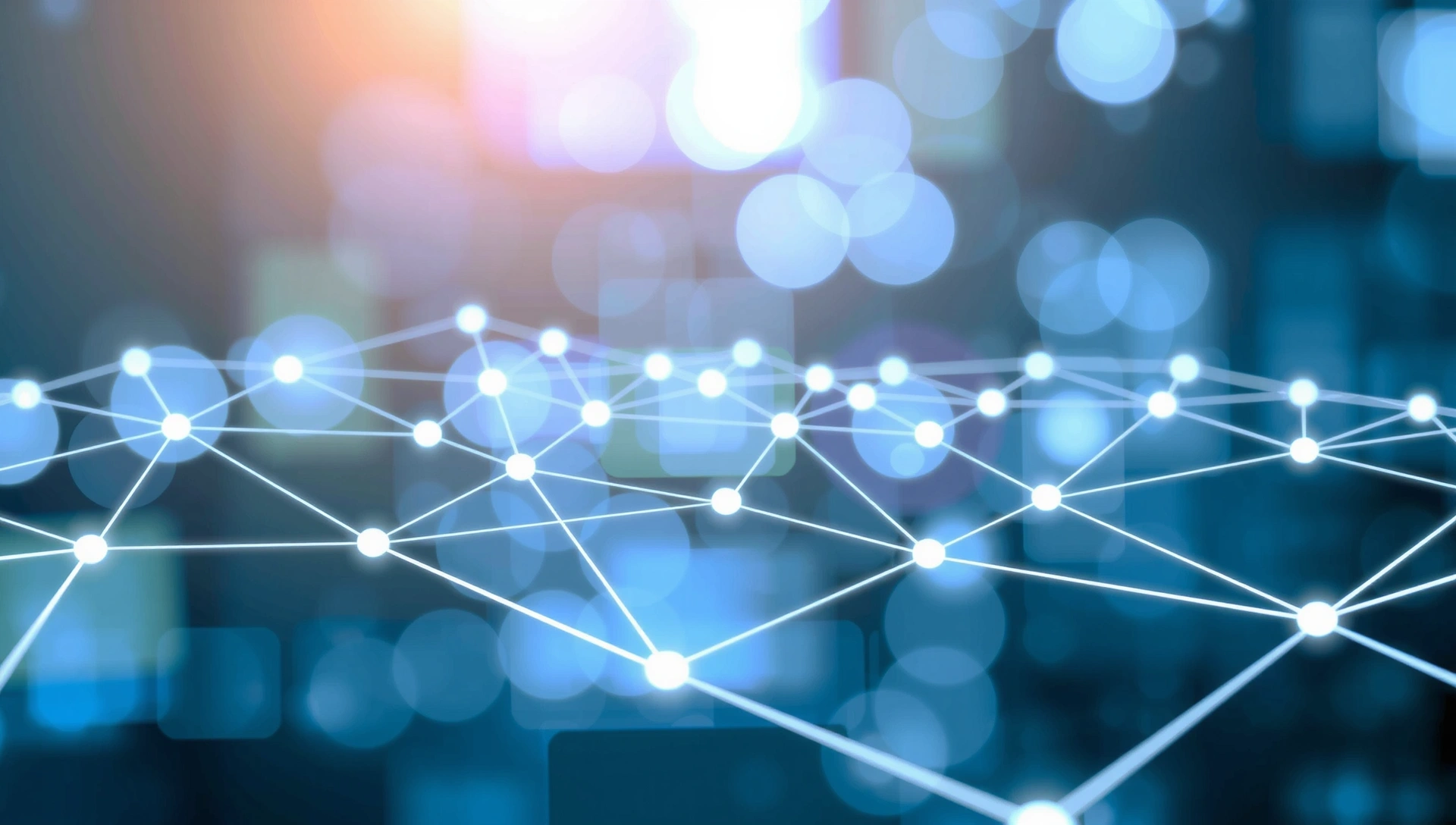 Abstract image representing global communication and connection, with blurred light trails and network lines.