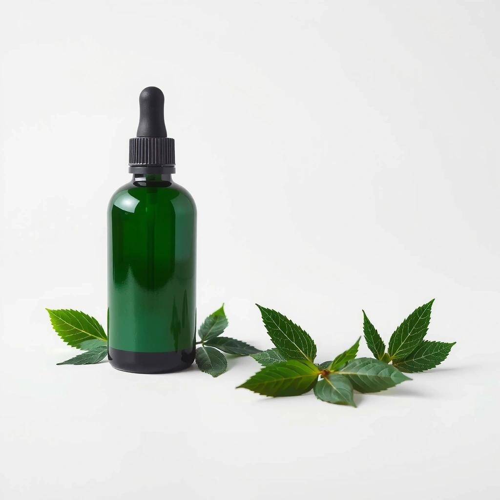 Herbal supplement bottle with green leaves