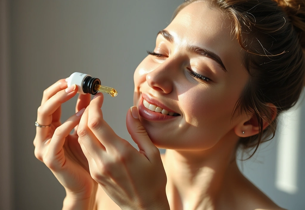 Woman applying serum to her face, glowing skin