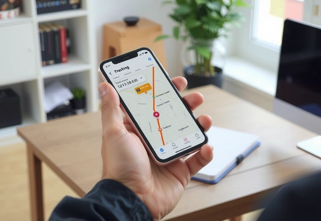 A hand holding a smartphone showing a package tracking app