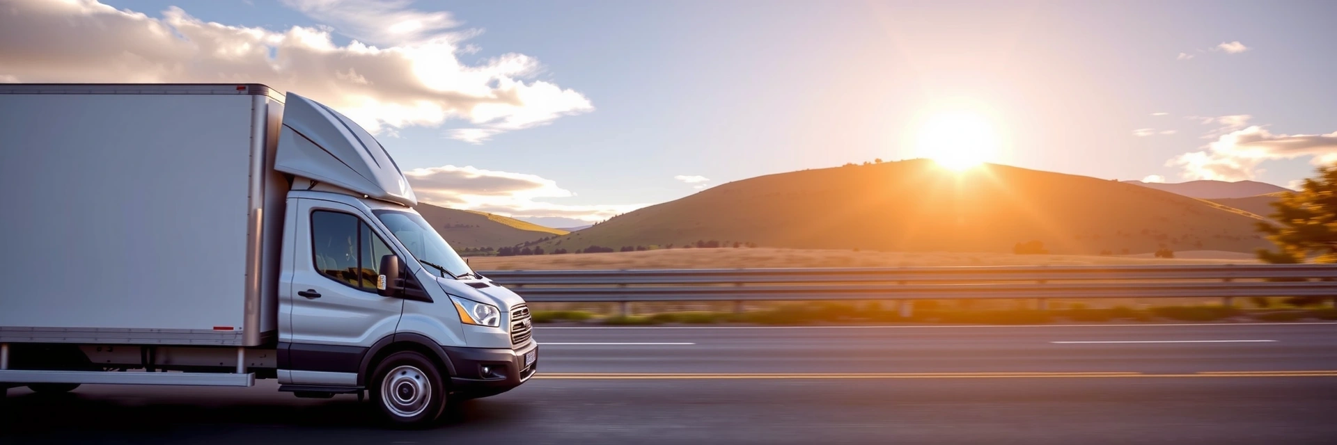 Parcel delivery truck on a road with a scenic background