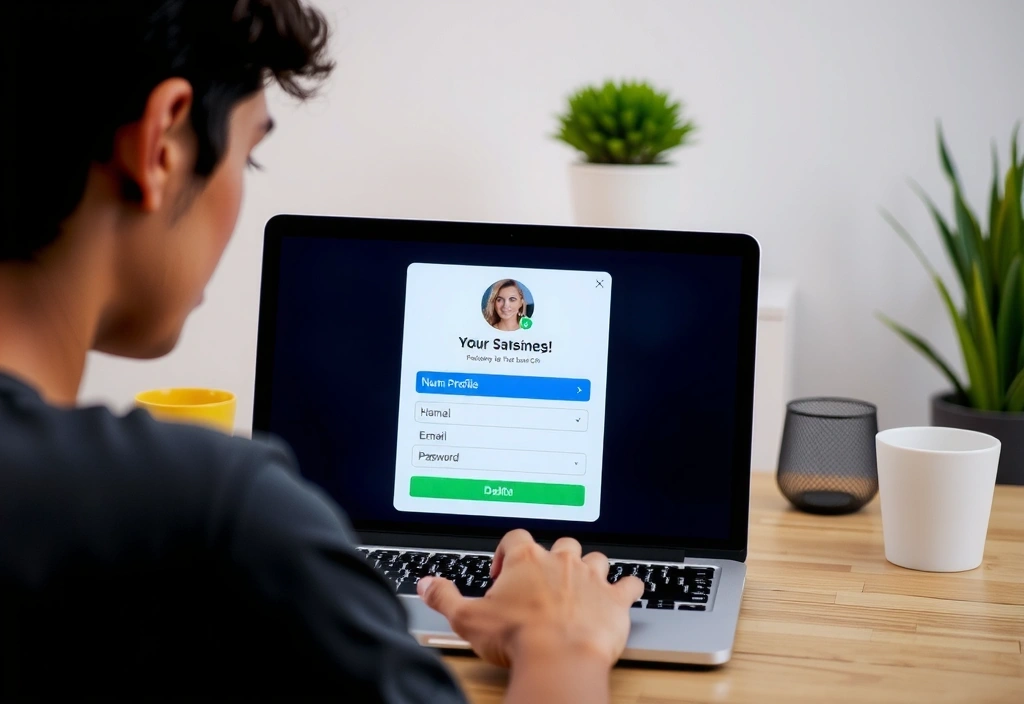 A person updating their profile on a laptop, surrounded by sleek, modern office supplies.