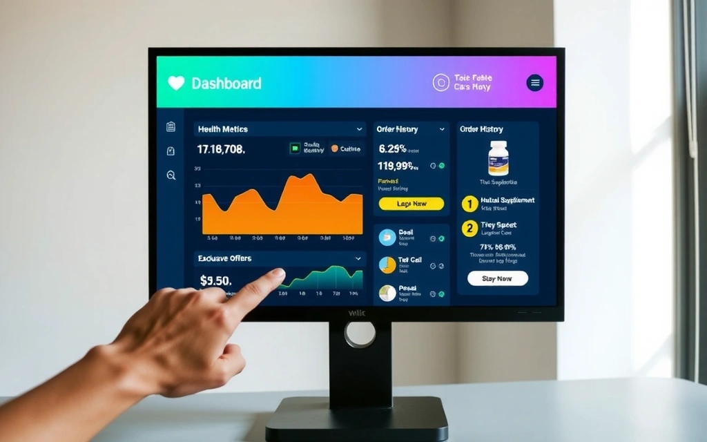 A person interacting with a personalized online dashboard, showing health metrics and product recommendations.