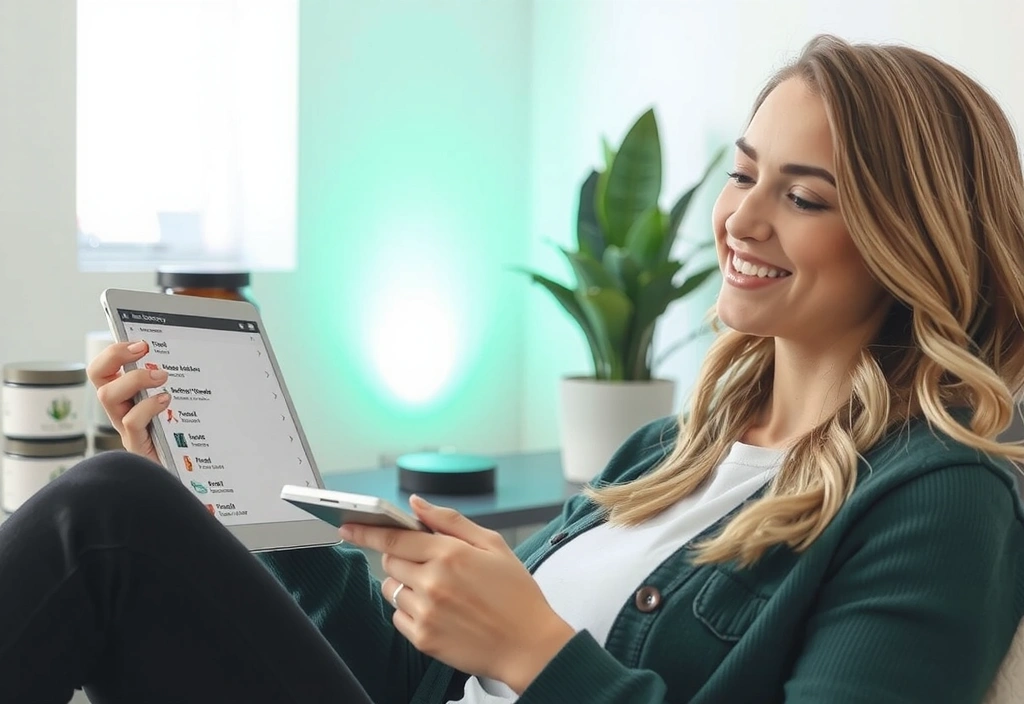 A person reviewing their order history on a tablet, with natural supplements in the background.