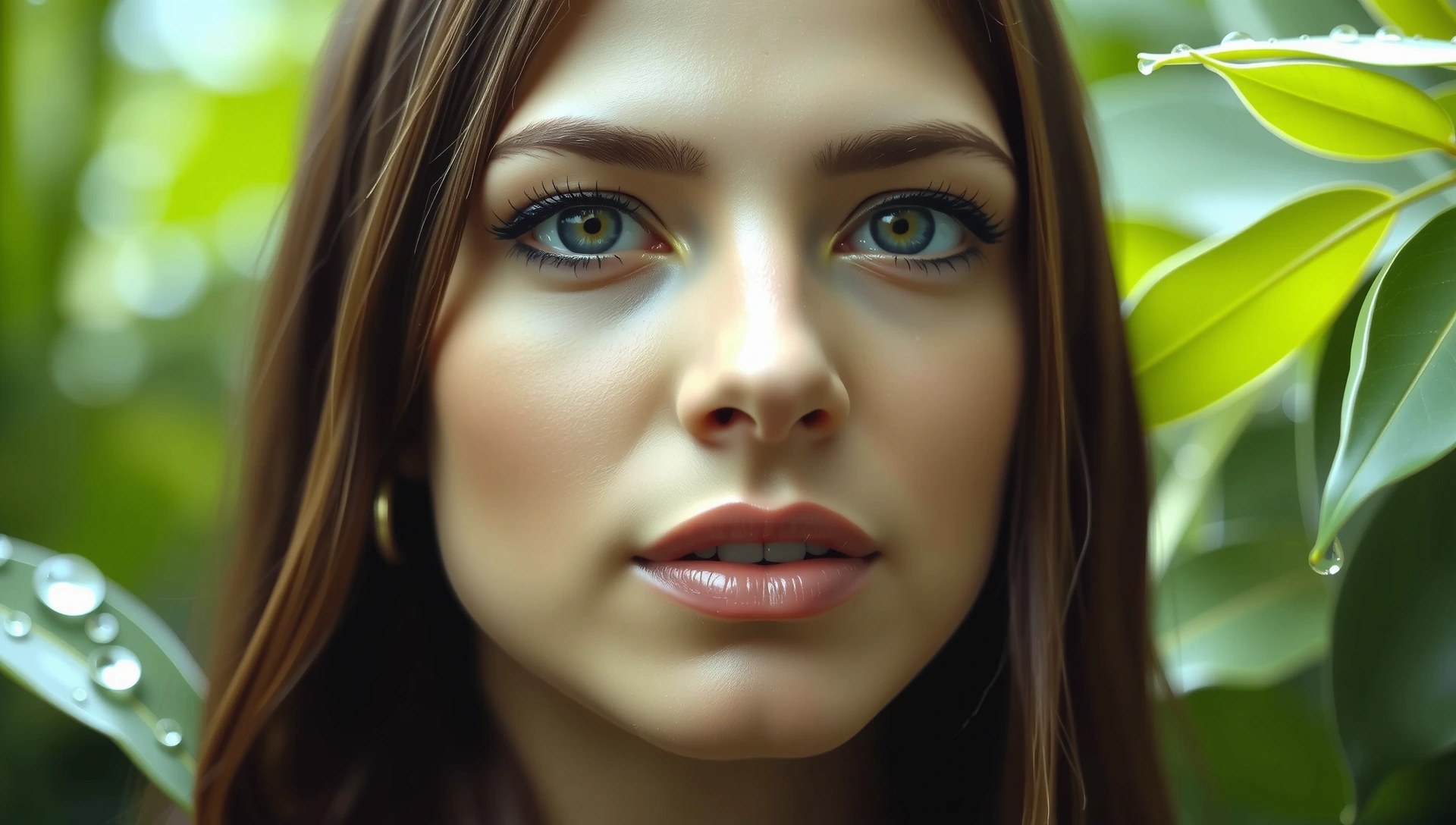 Radiant woman with healthy, glowing skin surrounded by natural elements